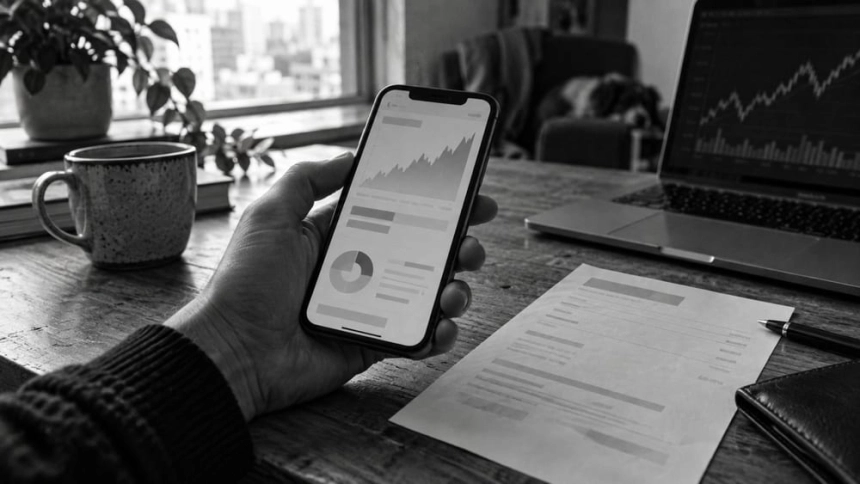 투자 계좌 화면을 확인하는 손과 송금 영수증 / TokenPost.ai